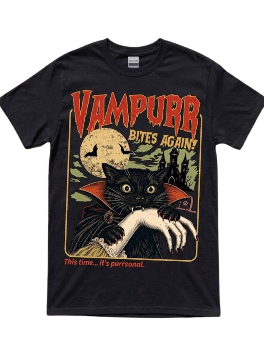 Gildan Black Vampurr Cat Vampire Bites Again Graphic Tee